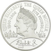 5 Pounds - Elizabeth II Queen Mother 100th Birthday; Silver Proof, United Kingdom, 2000 reverse image