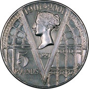5 Pounds - Elizabeth II Queen Victoria; Reverse Frosted Silver Proof, United Kingdom, 2001 reverse image
