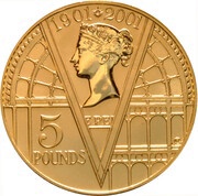 5 Pounds - Elizabeth II Queen Victoria; Reverse Frosted Gold Proof, United Kingdom, 2001 reverse image