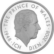 5 Pounds - Elizabeth II Prince Charles 60th Birthday; Silver Piedfort, United Kingdom, 2008 reverse image