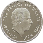 5 Pounds - Elizabeth II Prince Charles 60th Birthday; Platinum Piedfort, United Kingdom, 2008 reverse image