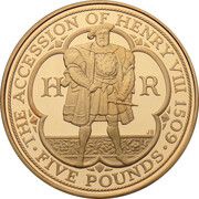 5 Pounds - Elizabeth II King Henry VIII; Gold Proof, United Kingdom, 2009 reverse image
