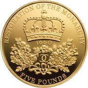 5 Pounds - Elizabeth II Restoration of the Monarchy; Gold Proof, United Kingdom, 2010 reverse image