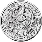 5 Pounds - Elizabeth II Red Dragon of Wales; 2 oz Fine Silver, United Kingdom, 2017 reverse image