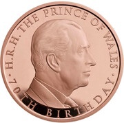 5 Pounds - Elizabeth II Prince Charles 70th Birthday; Gold Proof, United Kingdom, 2018 reverse image