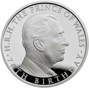 5 Pounds - Elizabeth II Prince Charles 70th Birthday; Silver Piedfort, United Kingdom, 2018 reverse image
