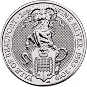 5 Pounds - Elizabeth II Yale of Beaufort; 2 oz Fine Silver, United Kingdom, 2019 reverse image