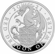 5 Pounds - Elizabeth II Red Dragon of Wales; Silver Proof, United Kingdom, 2021 reverse image