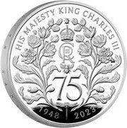 5 Pounds - Charles III King Charles' 75th Birthday; Silver Proof, United Kingdom, 2023 reverse image