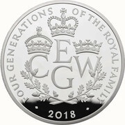 10 Pounds - Elizabeth II Four Generations of Royalty; Silver Proof, United Kingdom, 2018 reverse image