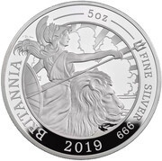 10 Pounds - Elizabeth II 5th portrait; 5 oz Fine Silver, United Kingdom, 2019 reverse image