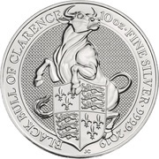 10 Pounds - Elizabeth II Black Bull of Clarence; 10 oz Fine Silver, United Kingdom, 2019 reverse image
