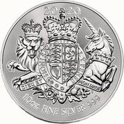 10 Pounds - Elizabeth II Royal Arms; 10 oz Fine Silver, United Kingdom, 2020-2022 reverse image