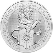 10 Pounds - Elizabeth II White Lion of Mortimer; 10 oz Fine Silver, United Kingdom, 2021 reverse image