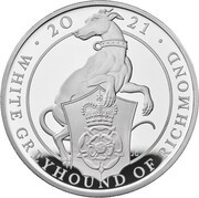 10 Pounds - Elizabeth II White Greyhound of Richmond; Silver Proof, United Kingdom, 2021 reverse image