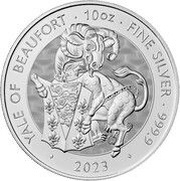 10 Pounds - Elizabeth II Posthumous; Yale of Beaufort; 10 oz Fine Silver, United Kingdom, 2023 reverse image