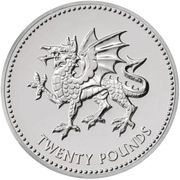 20 Pounds - Elizabeth II Welsh Dragon; Fine Silver, United Kingdom, 2016-2022 reverse image