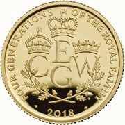 25 Pounds - Elizabeth II Four Generations of Royalty; Gold Proof, United Kingdom, 2018 reverse image