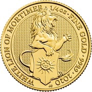 25 Pounds - Elizabeth II White Lion of Mortimer; 1/4 oz Fine Gold, United Kingdom, 2020 reverse image