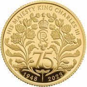 25 Pounds - Charles III King Charles' 75th Birthday; 1/4 oz Gold Proof, United Kingdom, 2023 reverse image