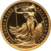 100 Pounds - Elizabeth II 3rd portrait; 1 oz Fine Gold, United Kingdom, 1990-1996 reverse image