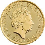 100 Pounds - Elizabeth II 5th portrait; 1 oz Fine Gold, Trident Privy Mark obverse image