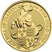 100 Pounds - Elizabeth II Black Bull of Clarence; 1 oz Fine Gold, United Kingdom, 2018 reverse image