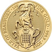 100 Pounds - Elizabeth II Yale of Beaufort; 1 oz Fine Gold, United Kingdom, 2019 reverse image