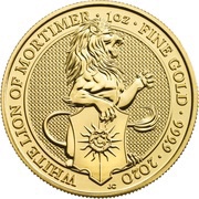 100 Pounds - Elizabeth II White Lion of Mortimer; 1 oz Fine Gold, United Kingdom, 2020 reverse image