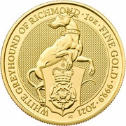 100 Pounds - Elizabeth II White Greyhound of Richmond; 1 oz Fine Gold, United Kingdom, 2021 reverse image