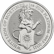 100 Pounds - Elizabeth II White Lion of Mortimer; 1 oz Fine Platinum, United Kingdom, 2021 reverse image