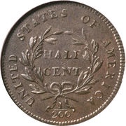 ½ Cent "1⁄200 Dollar Liberty Cap, Head Facing Right, Half Cent" reverse image