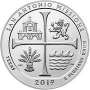 ¼ Dollar "Washington Quarter" San Antonio Missions National Historical Park, Texas - Silver 5 oz Bullion, United States, 2019 reverse image