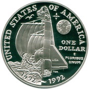 1 Dollar Columbus Quincentenary, United States, 1992 reverse image