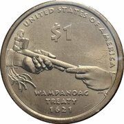 1 Dollar "Native American Dollar" Wampanoag Treaty, United States, 2011 reverse image