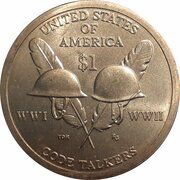 1 Dollar "Native American Dollar" Code Talkers from both WWI and WWII, United States, 2016 reverse image