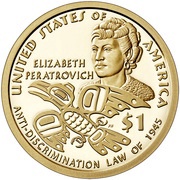 1 Dollar "Native American Dollar" Elizabeth Peratrovich and the Anti-Discrimination Law of 1945, United States, 2020 reverse image
