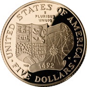 5 Dollars Christopher Columbus Quincentenary, United States, 1992 reverse image
