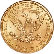 10 Dollars Coronet Head - With motto, United States, 1866-1907 reverse image