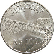 100 Nuevos Pesos Binational dam construction obverse image