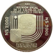 2000 Nuevos Pesos Silver coinage and BID Meeting; Trial strike, Uruguay, 1984 reverse image