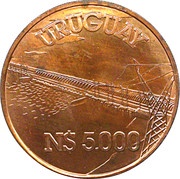 5000 Nuevos Pesos Hydroelectricity; Pattern strike, Uruguay, 1981 reverse image