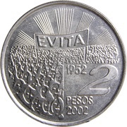 2 Pesos Eva Perón; reeded edge, Argentina, 2002 reverse image