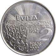 2 Pesos Eva Perón; plain edge, Argentina, 2002 reverse image
