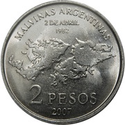 2 Pesos 25th Anniversary of the South Atlantic War; reeded Edge, Argentina, 2007 reverse image