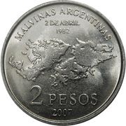 2 Pesos 25th Anniversary of the South Atlantic War; plain Edge, Argentina, 2007 reverse image