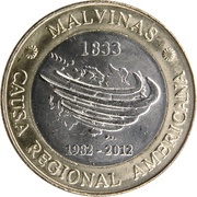 2 Pesos 30th Anniversary of the South Atlantic War; segmented reeded edge, Argentina, 2012 reverse image