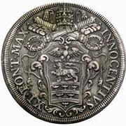 1 Piastra - Innocenzo XI ERIT LIGATVM ET IN CÆLIS - St. Peter - Keys above Papal arms obverse image