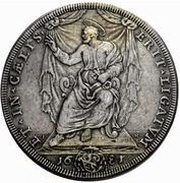 1 Piastra - Innocenzo XI ERIT LIGATVM ET IN CÆLIS - St. Peter - Keys above Papal arms, Vatican City, 1680-1681 reverse image