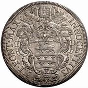 1 Piastra - Innocenzo XI ERIT LIGATVM ET IN CÆLIS - St. Peter - Keys behind Papal arms obverse image